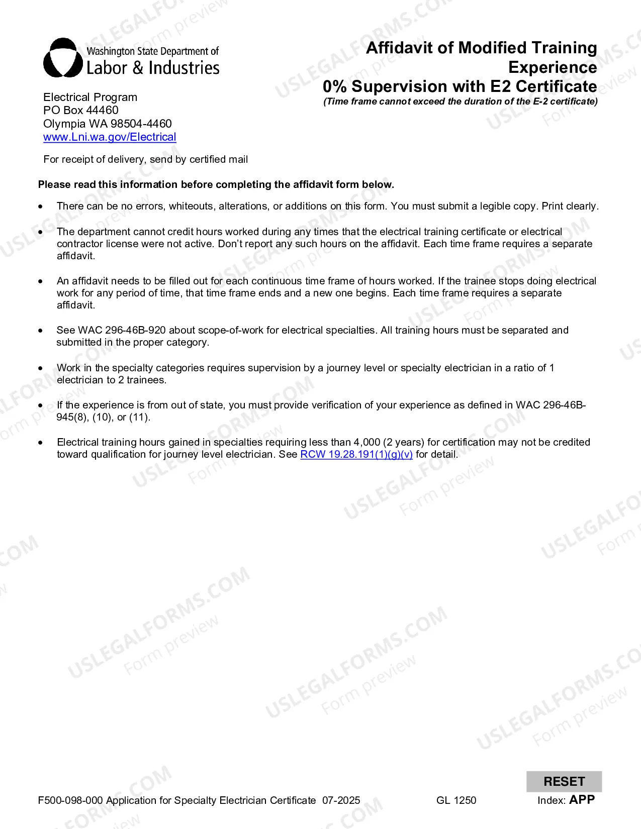 Preview Application for Specialty Electrician Certificate