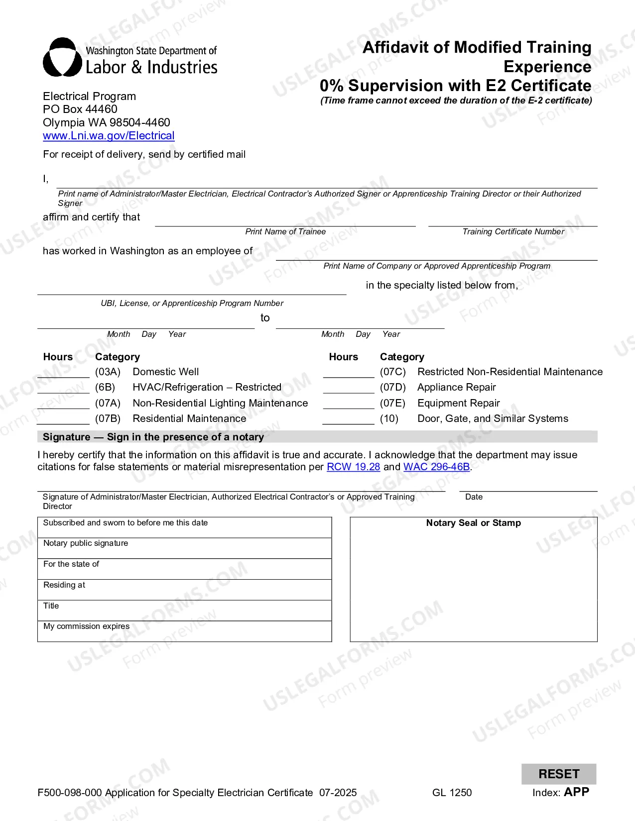 Preview Application for Specialty Electrician Certificate