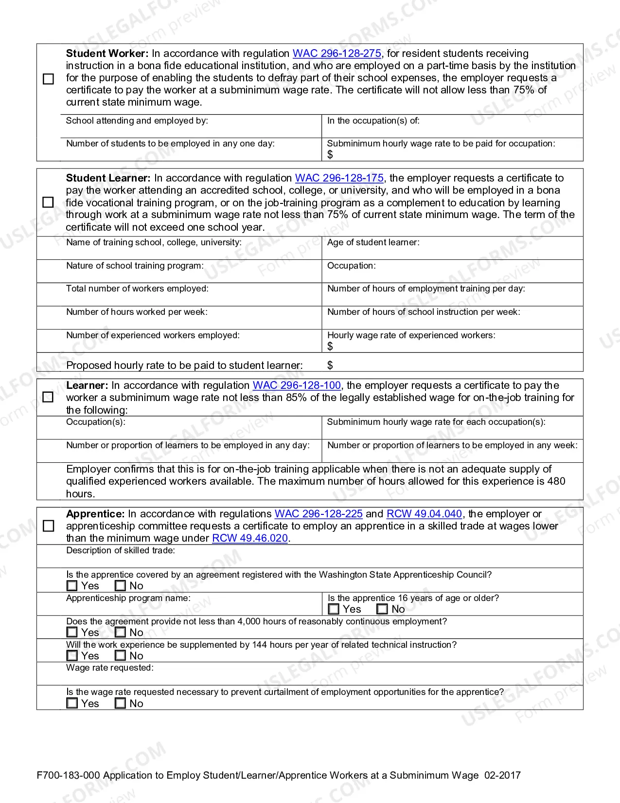 Preview Application to Employ Student/Learner/Apprentice at a Subminimum Wage