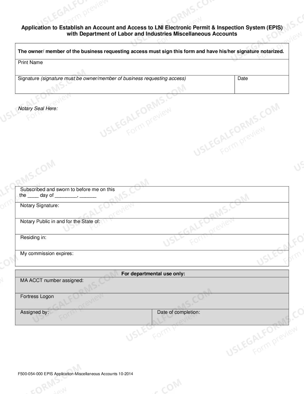 Preview Application to Establish an Account and Access to L&I's Electrical Permit &amp; Inspection System (EPIS) with L&I's Miscellaneous Accounts