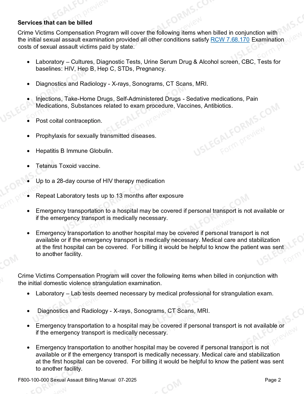 Preview Billing Guidelines for Sexual Assault Examinations: Crime Victims Compensation Program