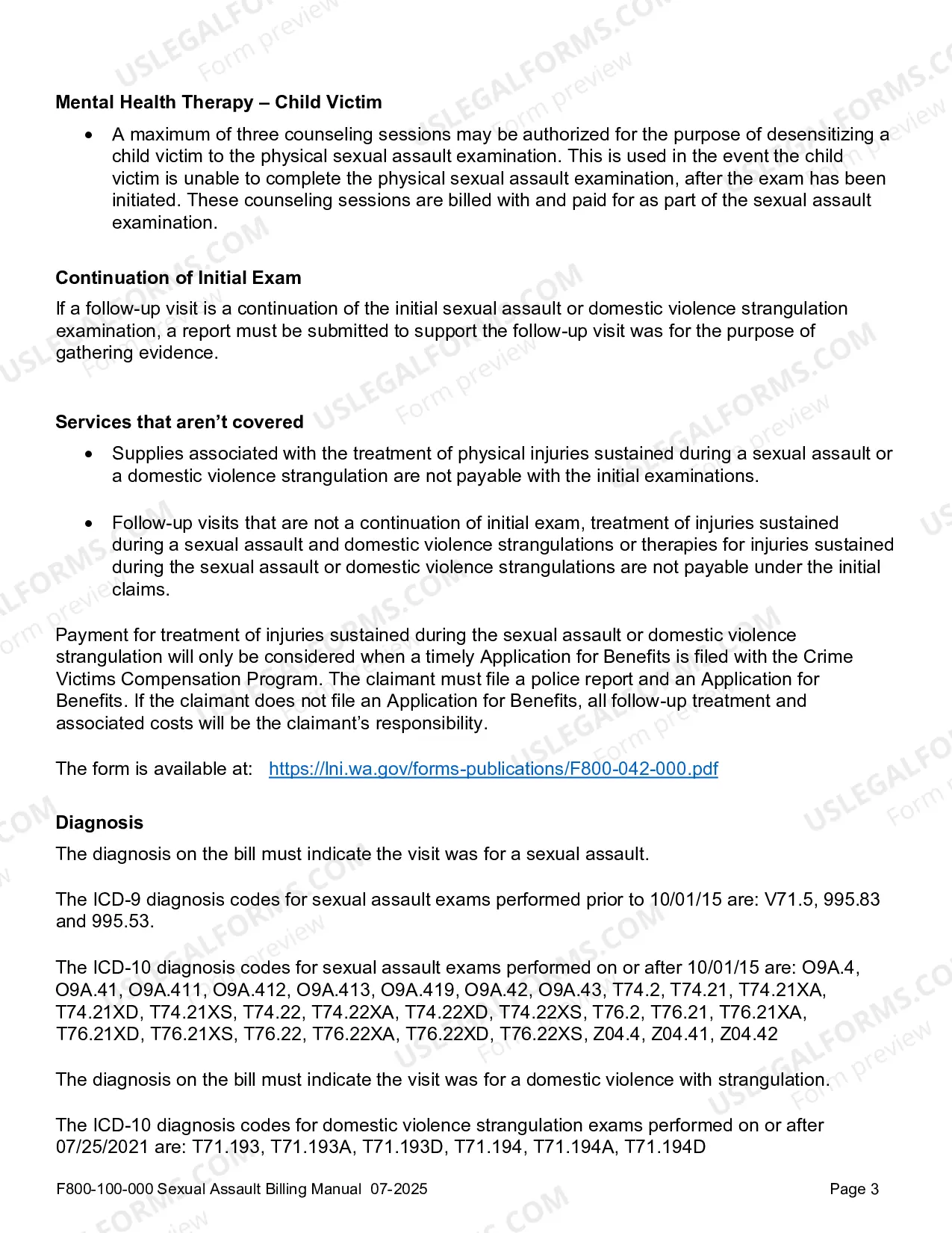 Preview Billing Guidelines for Sexual Assault Examinations: Crime Victims Compensation Program