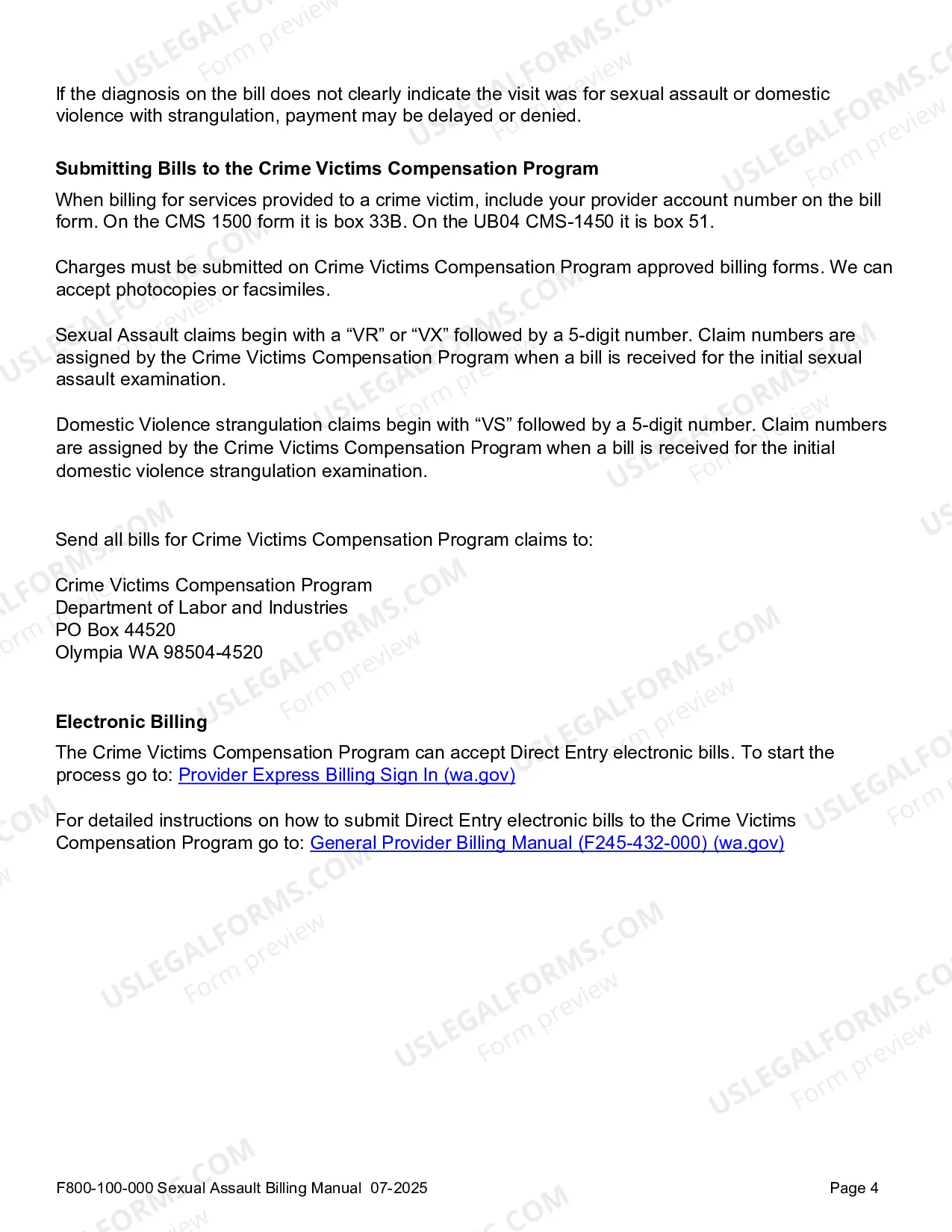 Preview Billing Guidelines for Sexual Assault Examinations: Crime Victims Compensation Program