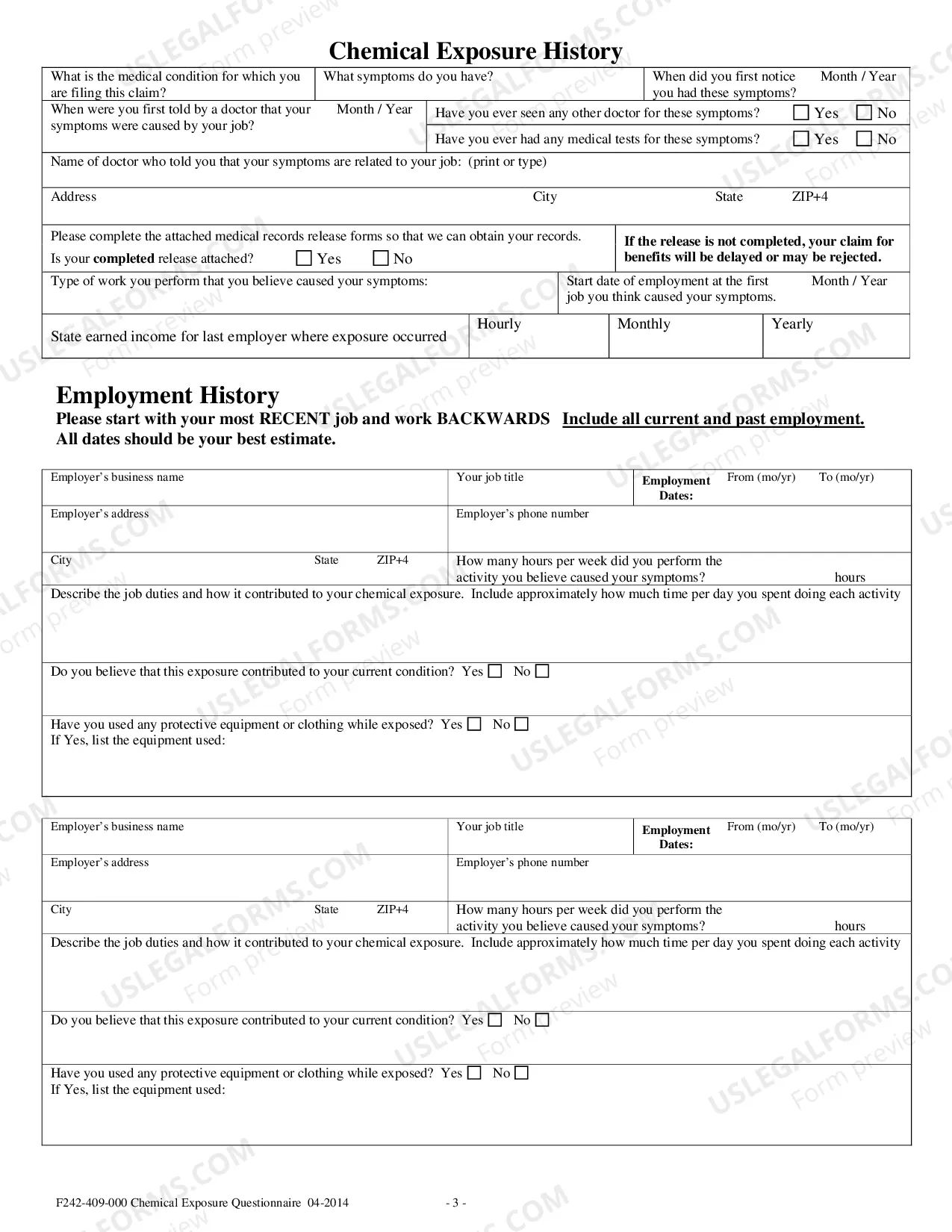 Preview Chemical Exposure Questionnaire Packet