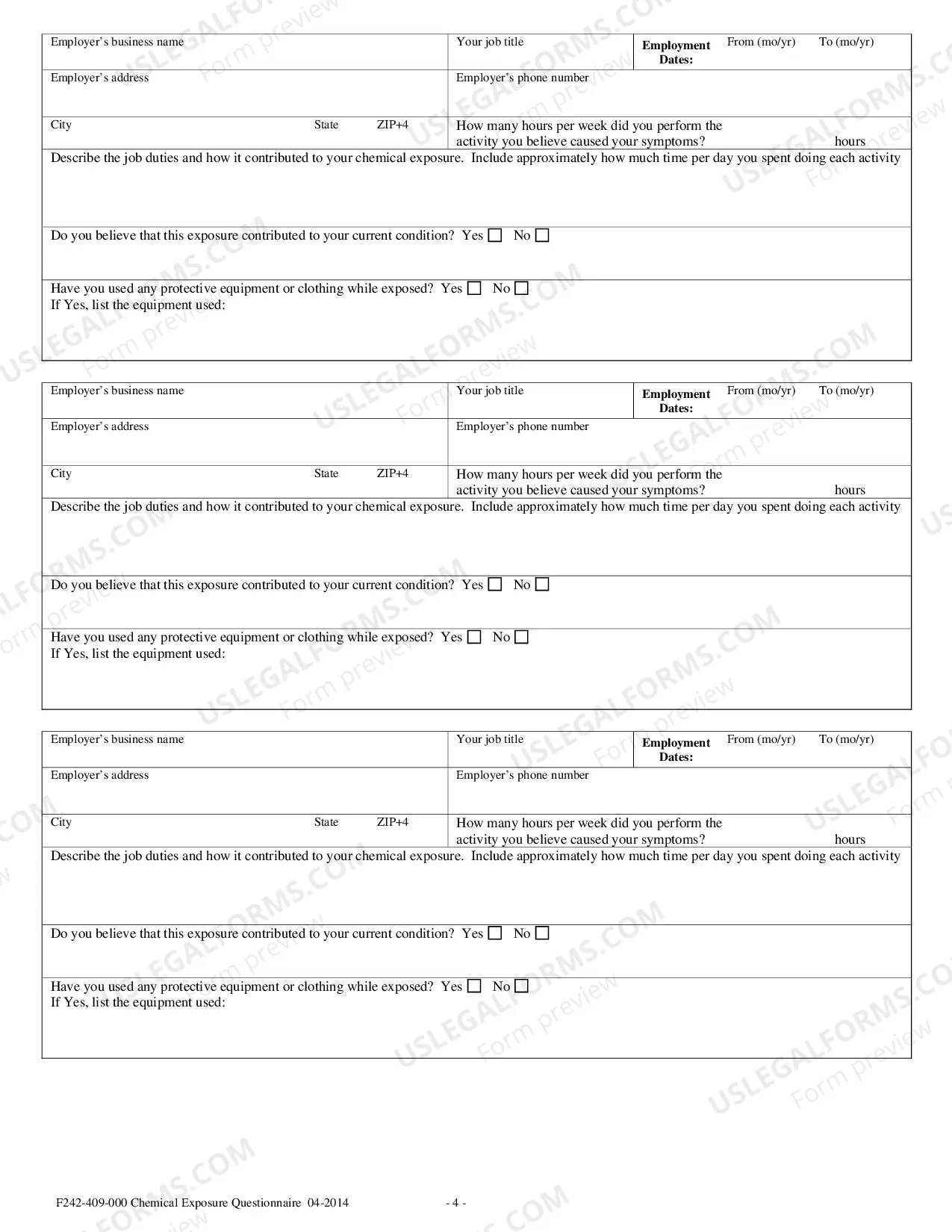 Preview Chemical Exposure Questionnaire Packet