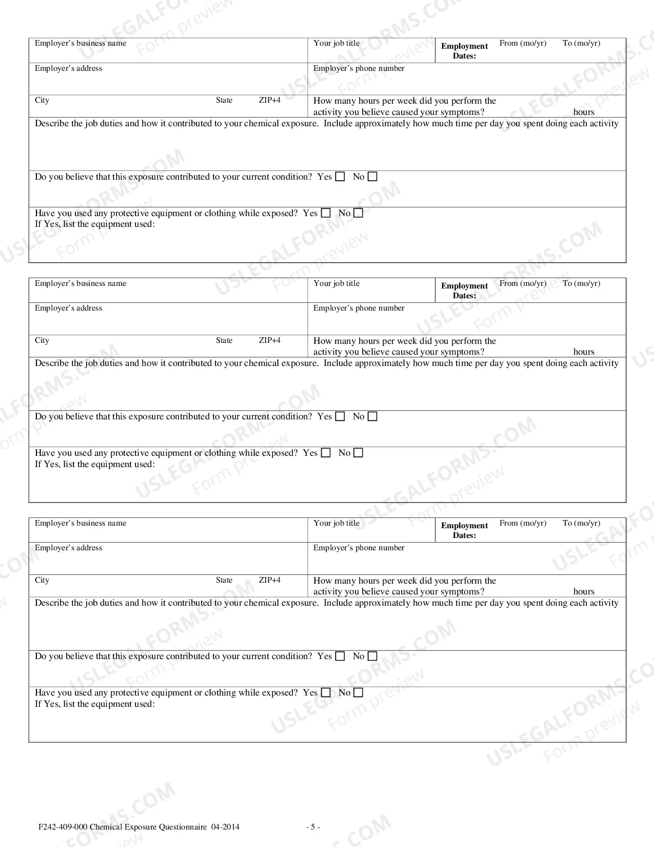 Preview Chemical Exposure Questionnaire Packet