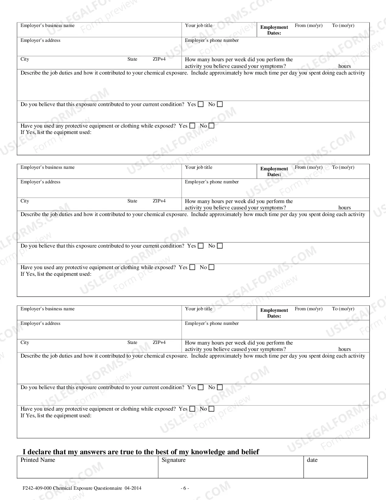 Preview Chemical Exposure Questionnaire Packet