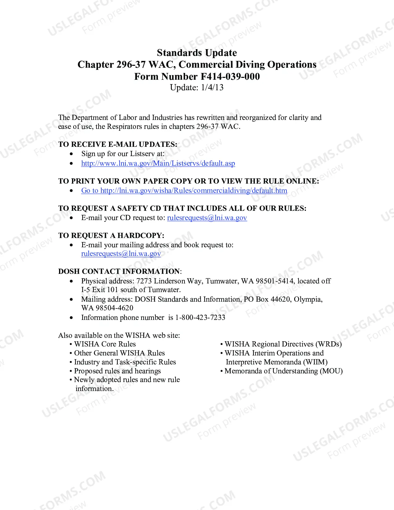 Preview Commercial Diving Operations, Chapter 296-37 WAC