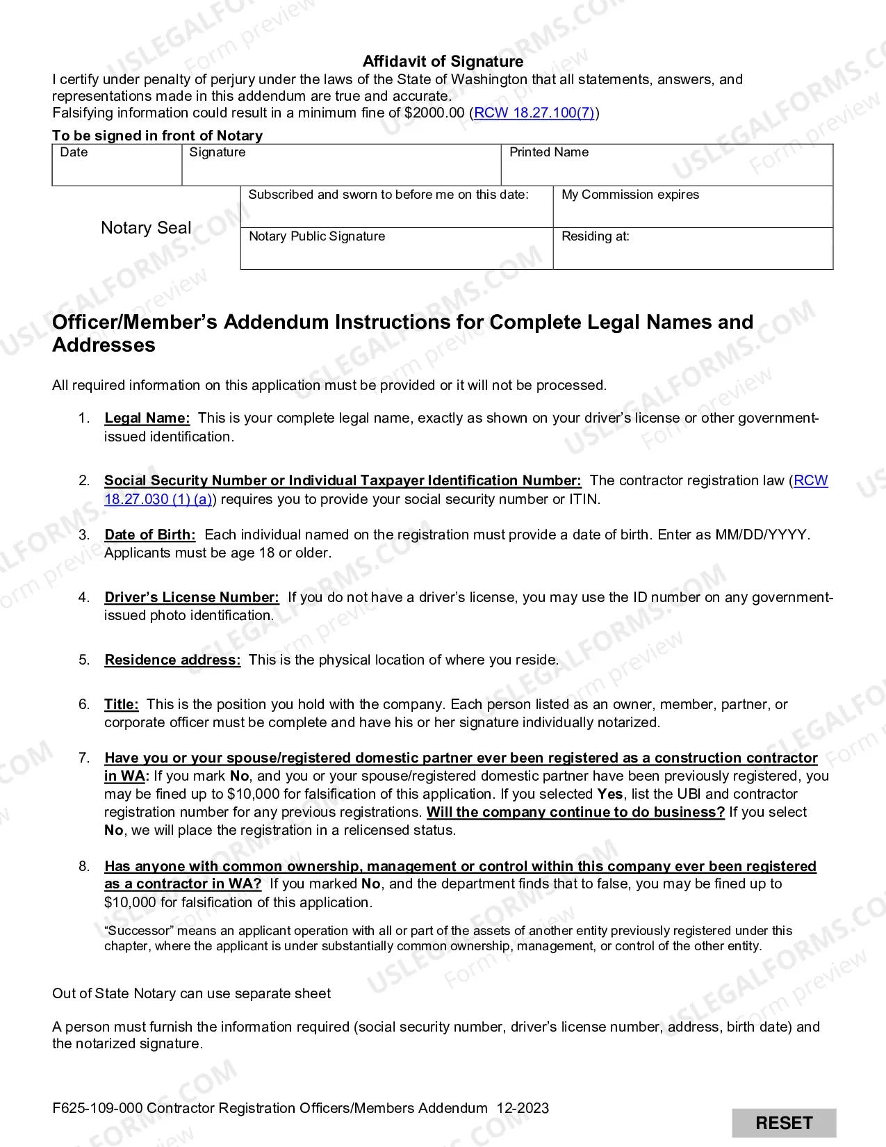 Preview Contractor Registration Officers/Members Addendum
