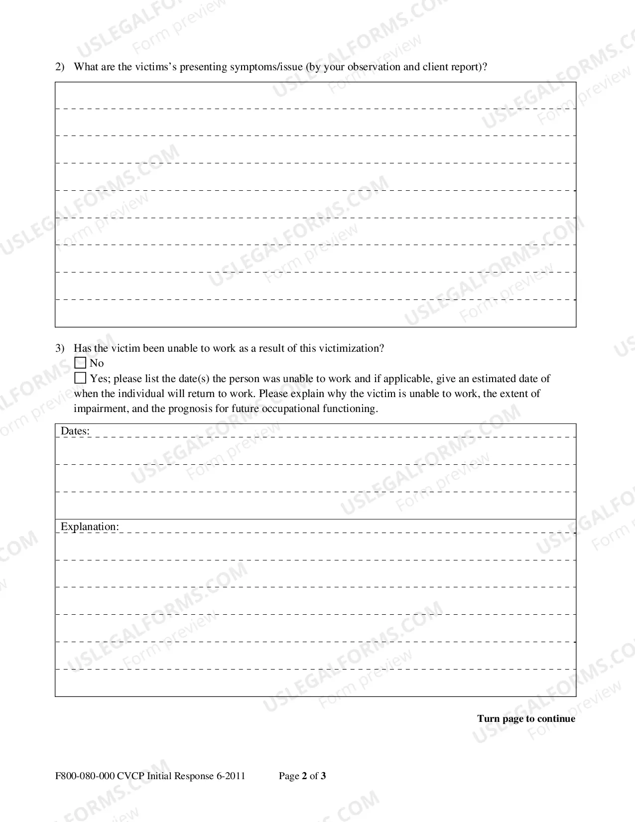 Preview Crime Victims Compensation Program Initial Response and Assessment: Form I