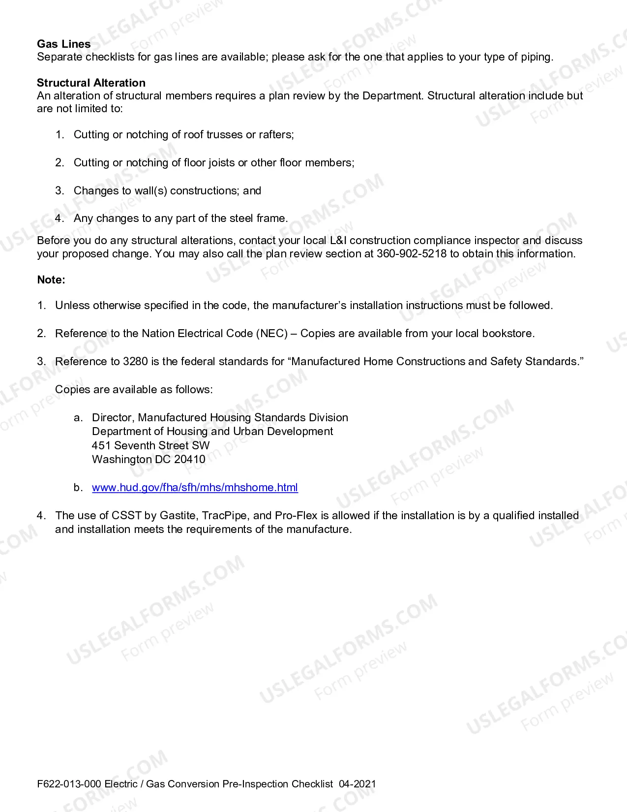 Preview Electric / Gas Conversion Pre-Inspection Checklist