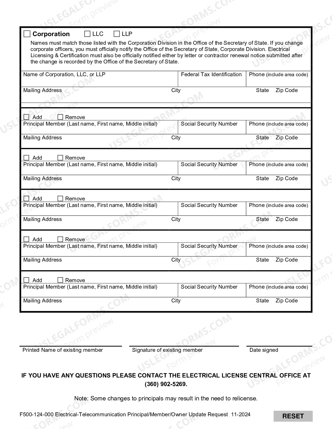 Preview Electrical Telecommunication Principal Member Owner Update Request