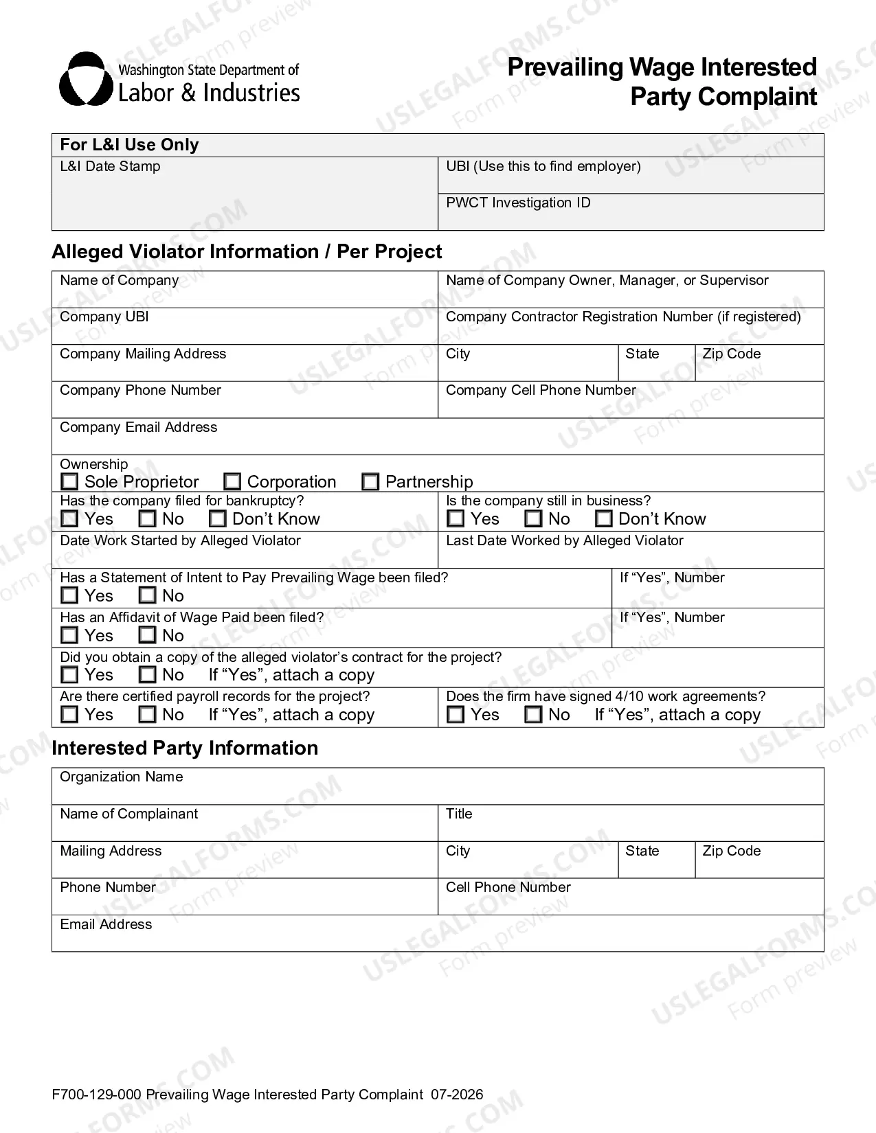Preview Interested Party Checklist for the Filing of Prevailing Wage Complaints