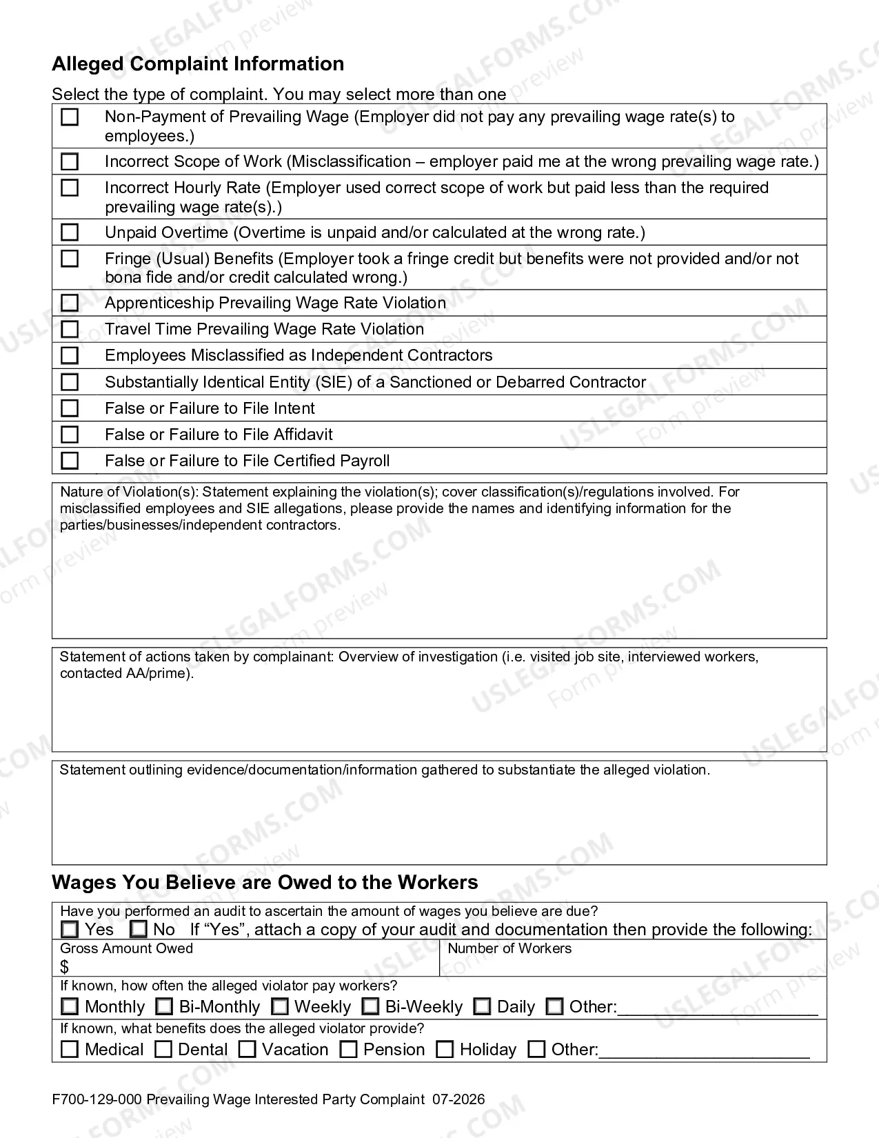 Preview Interested Party Checklist for the Filing of Prevailing Wage Complaints