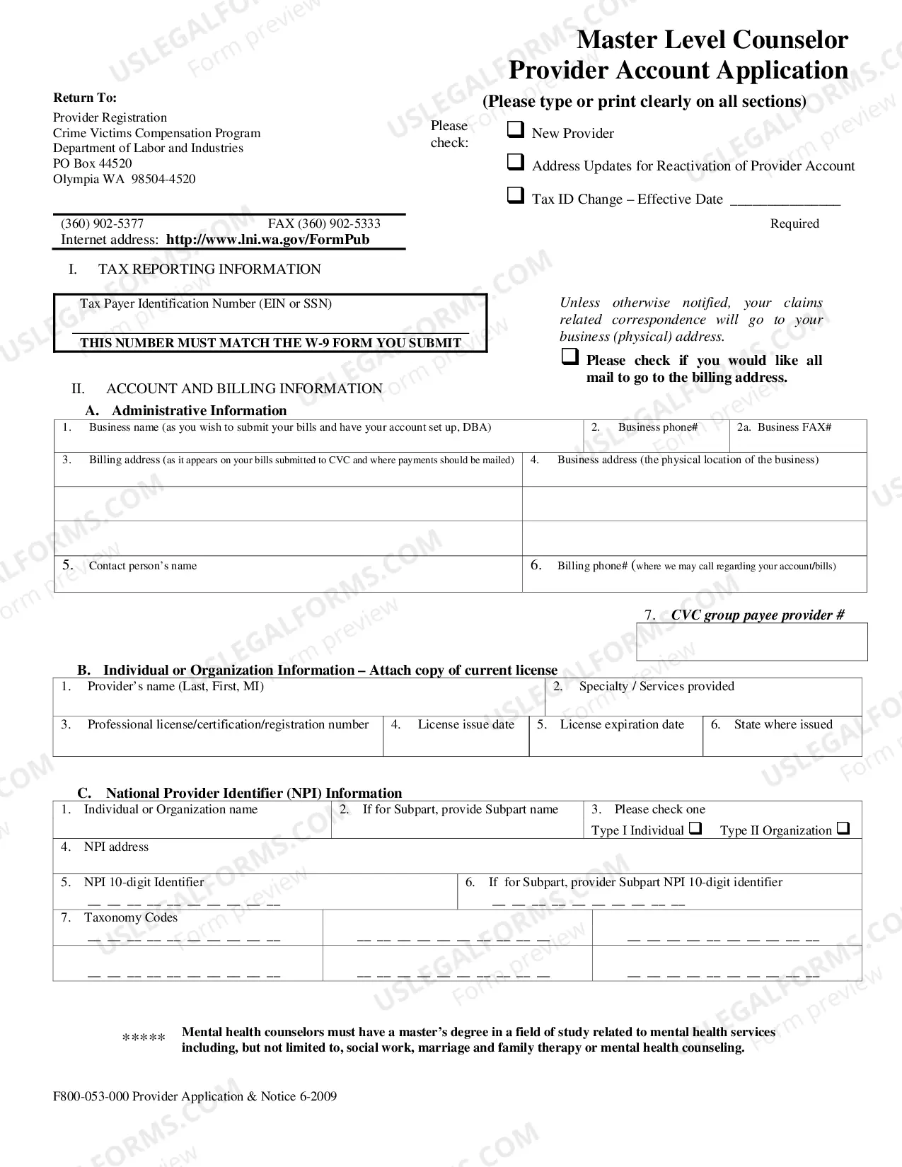 Preview Master Level Counselor Provider Account Application for Crime Victims