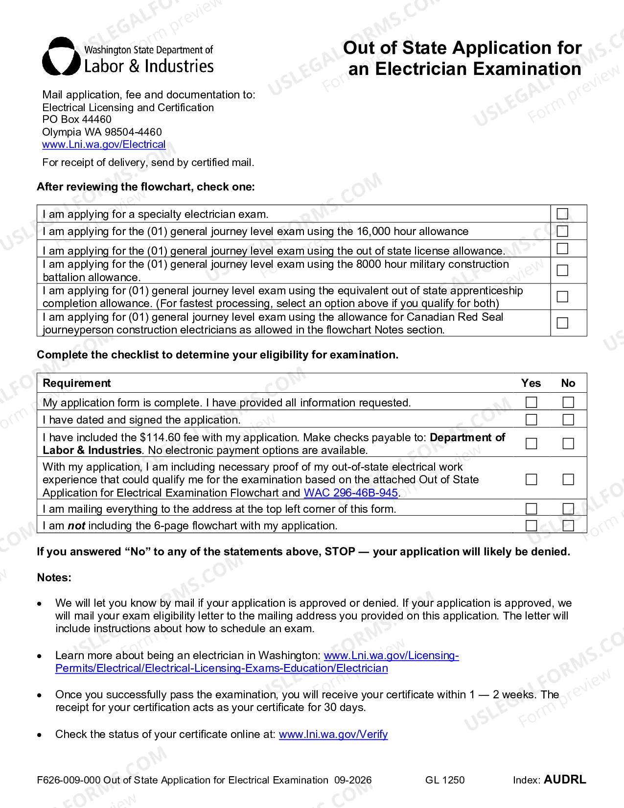 Preview Out of State Application for Electrician Examination