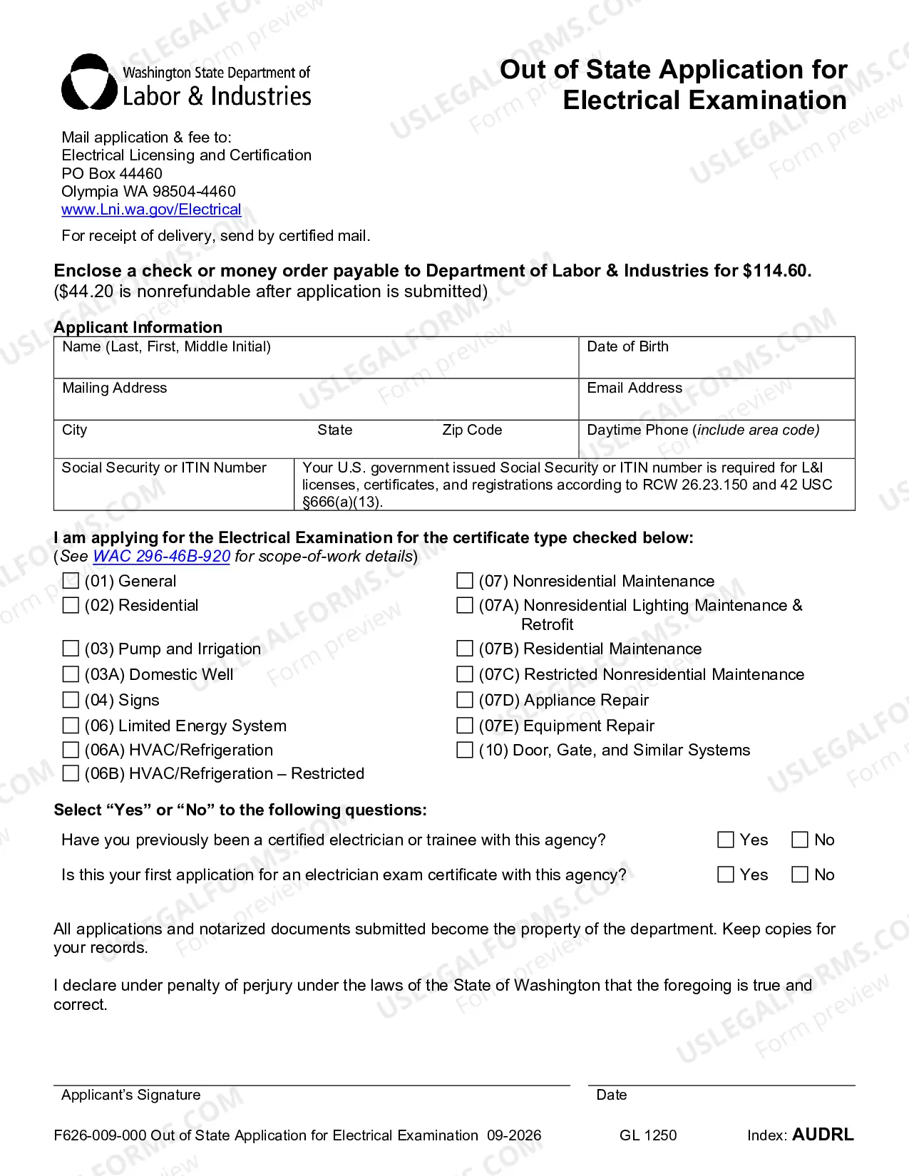 Preview Out of State Application for Electrician Examination