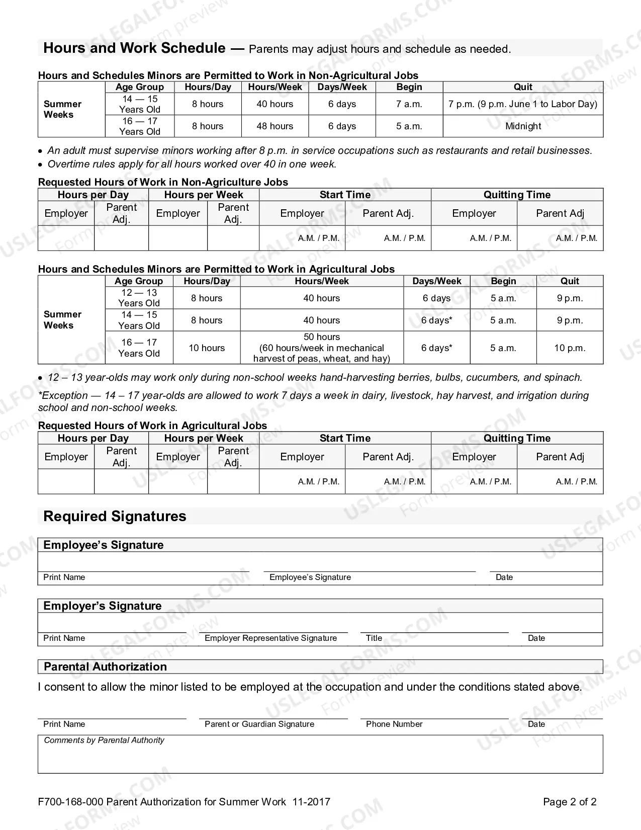 Preview Parent Authorization for Summer Work