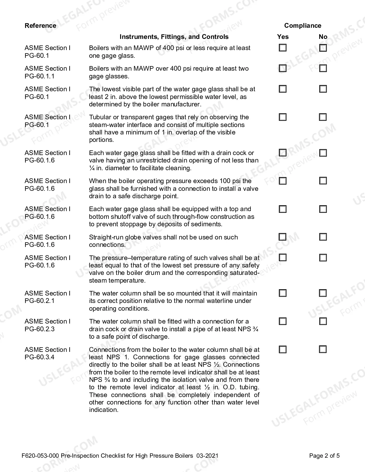 Preview Pre-Inspection Checklist for High Pressure Boilers