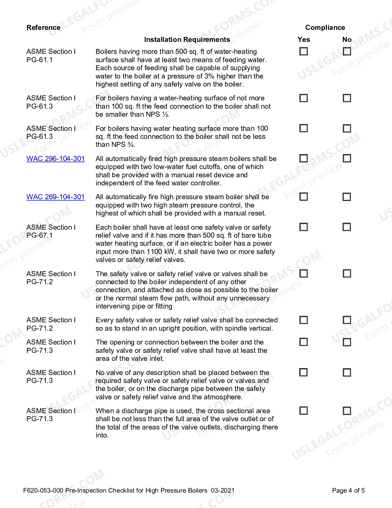 Preview Pre-Inspection Checklist for High Pressure Boilers