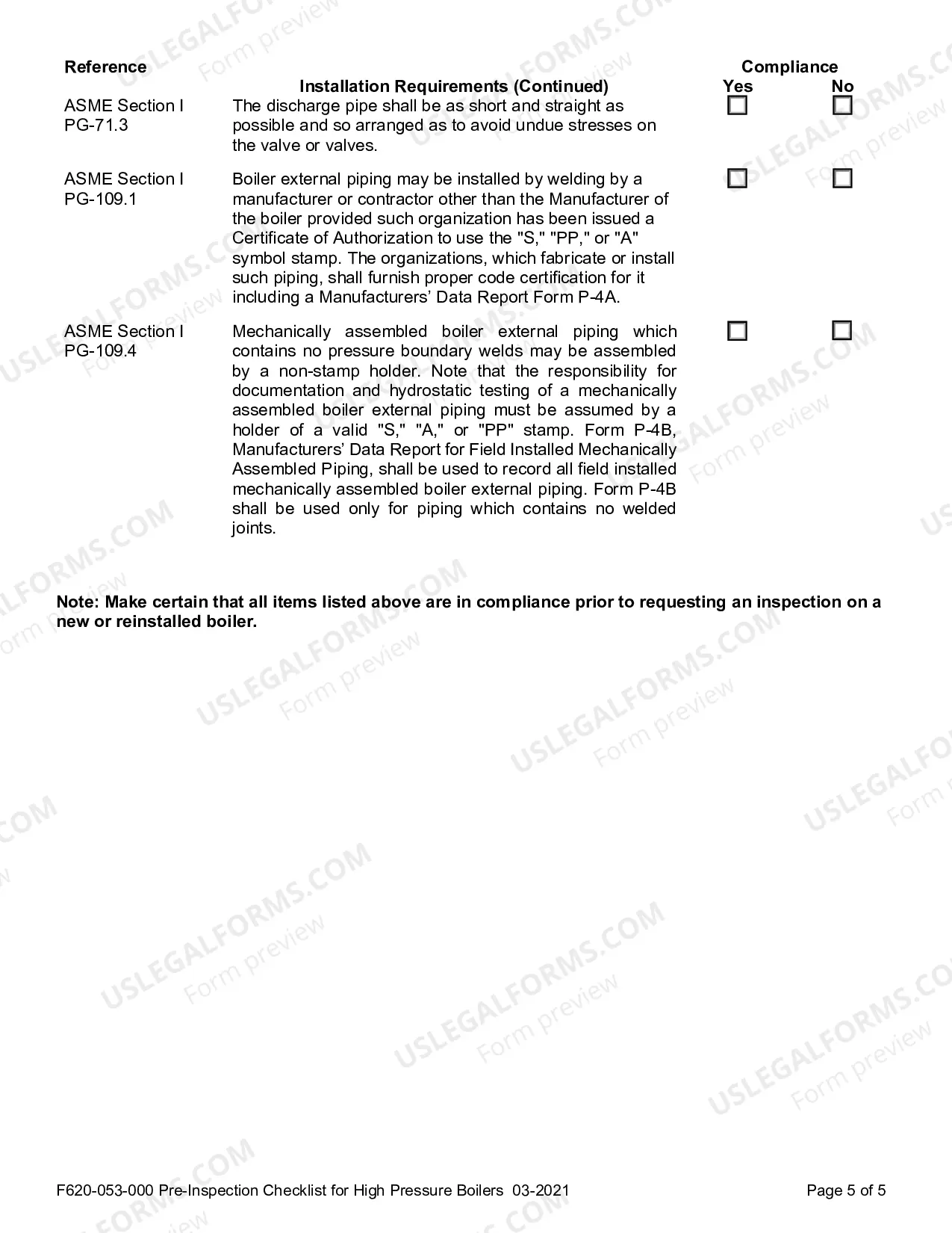 Preview Pre-Inspection Checklist for High Pressure Boilers