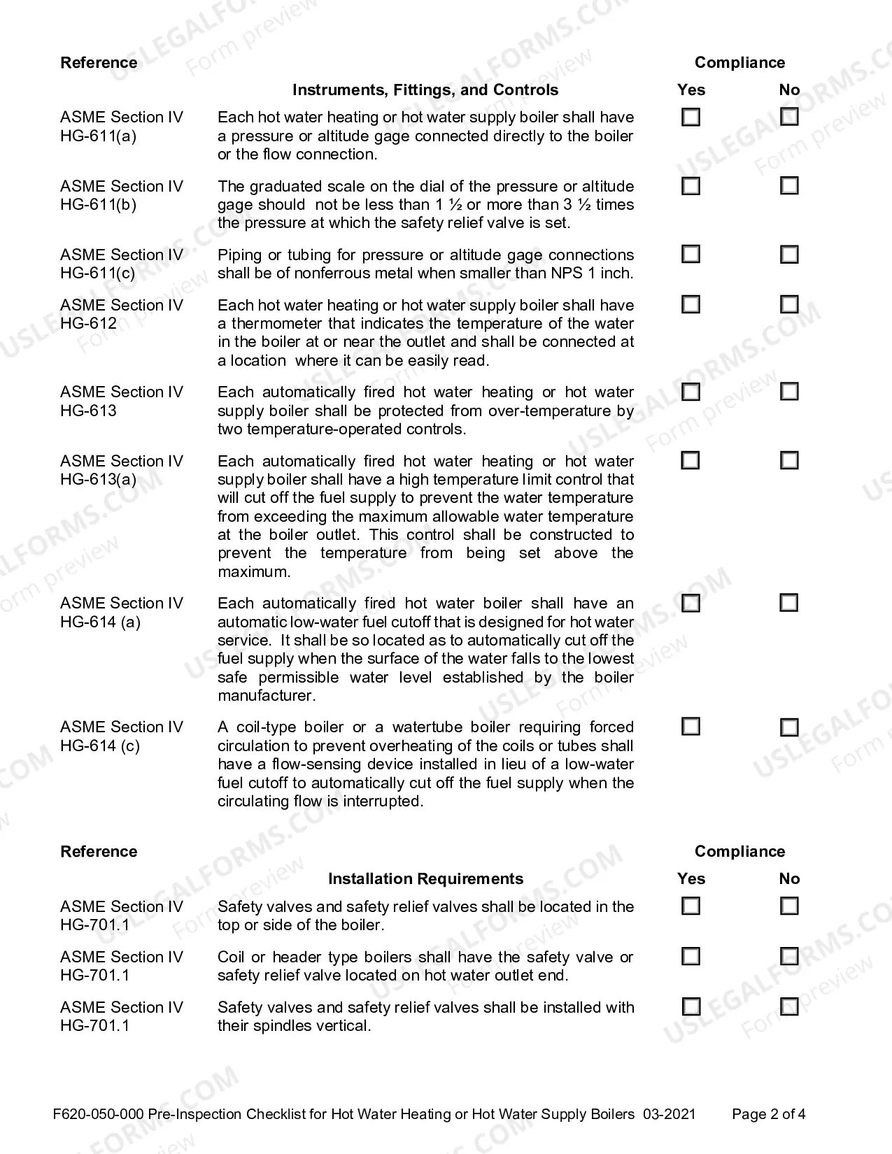 Preview Pre-Inspection Checklist for Hot Water Heating or Hot Water Supply Boilers