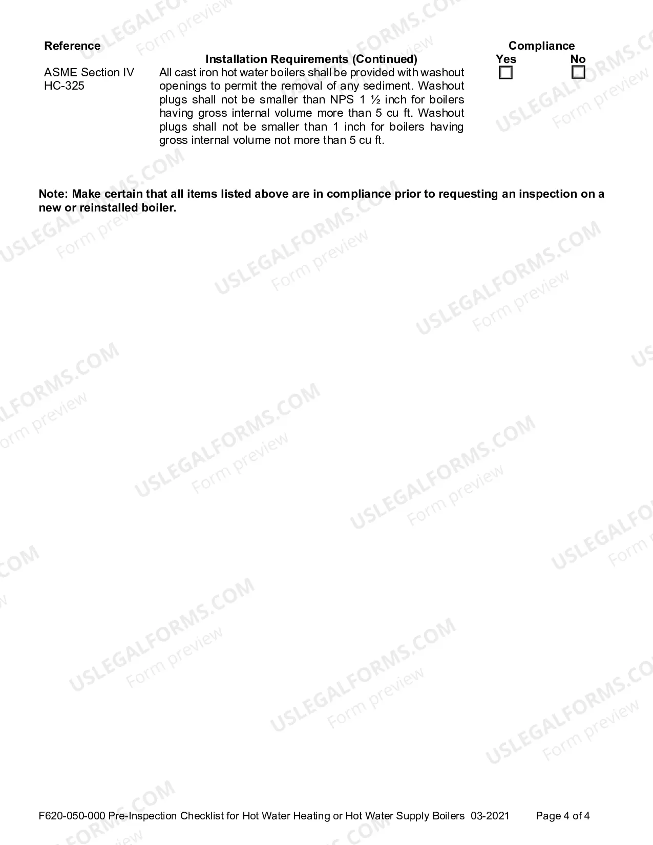 Preview Pre-Inspection Checklist for Hot Water Heating or Hot Water Supply Boilers