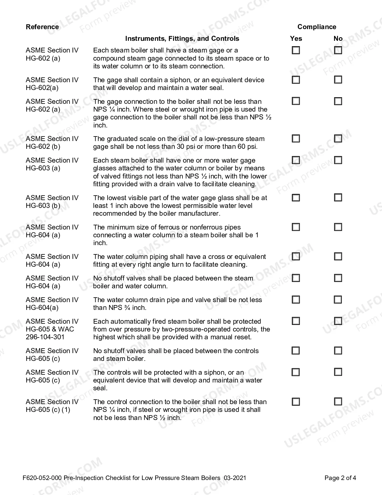 Preview Pre-Inspection Checklist for Low Pressure Steam Boilers