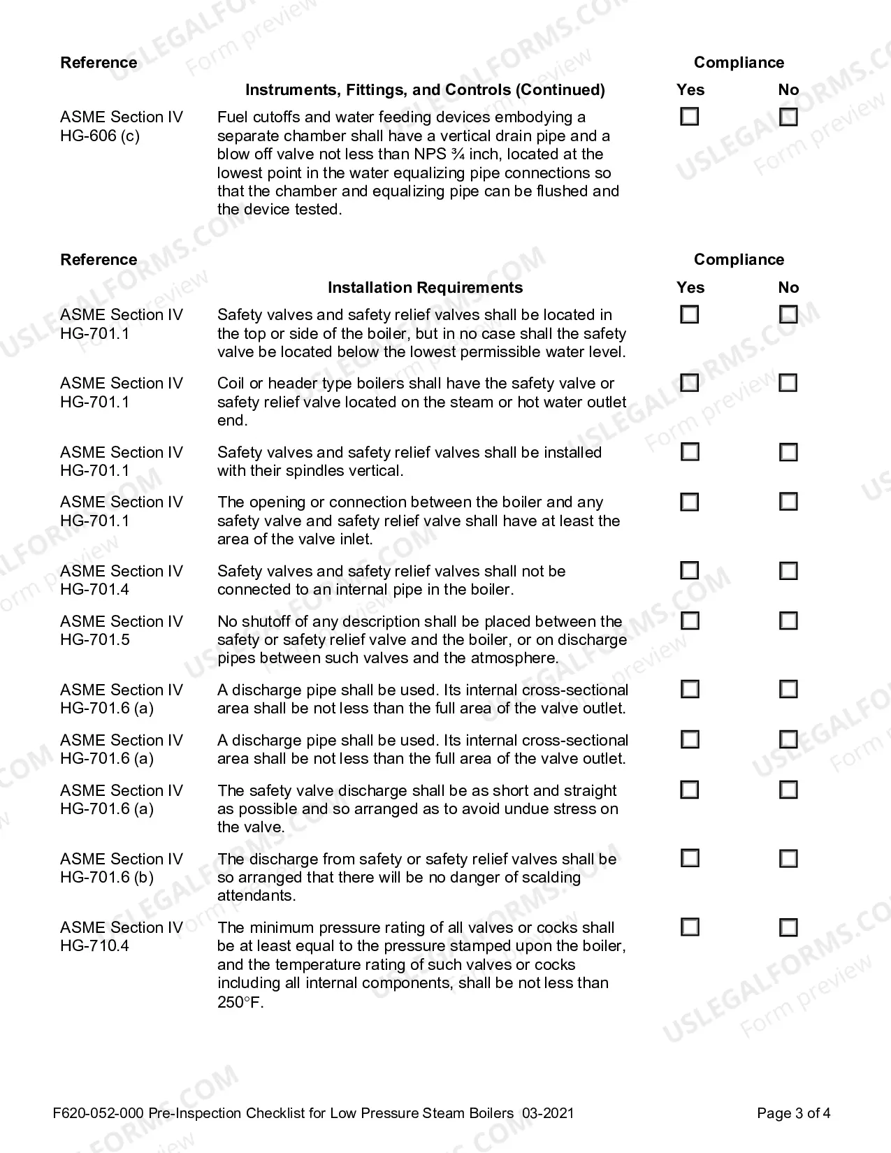 Preview Pre-Inspection Checklist for Low Pressure Steam Boilers