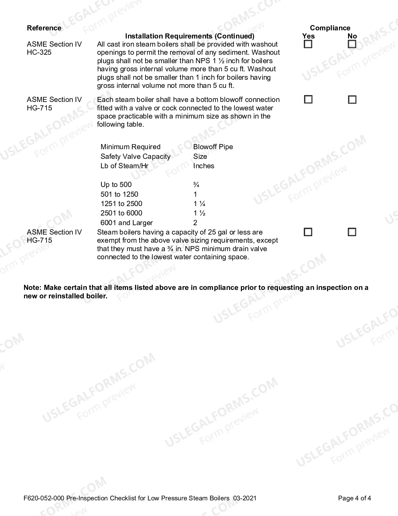 Preview Pre-Inspection Checklist for Low Pressure Steam Boilers