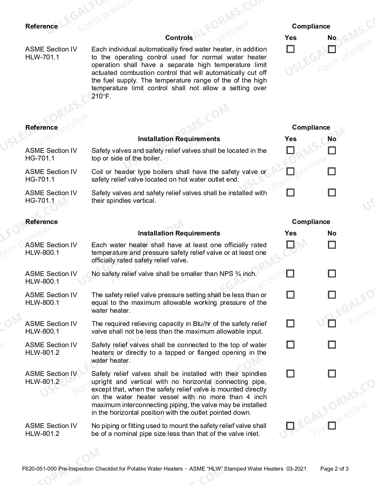 Preview Pre-Inspection Checklist for Potable Water Heaters - ASME "HLW" Stamped Water Heaters
