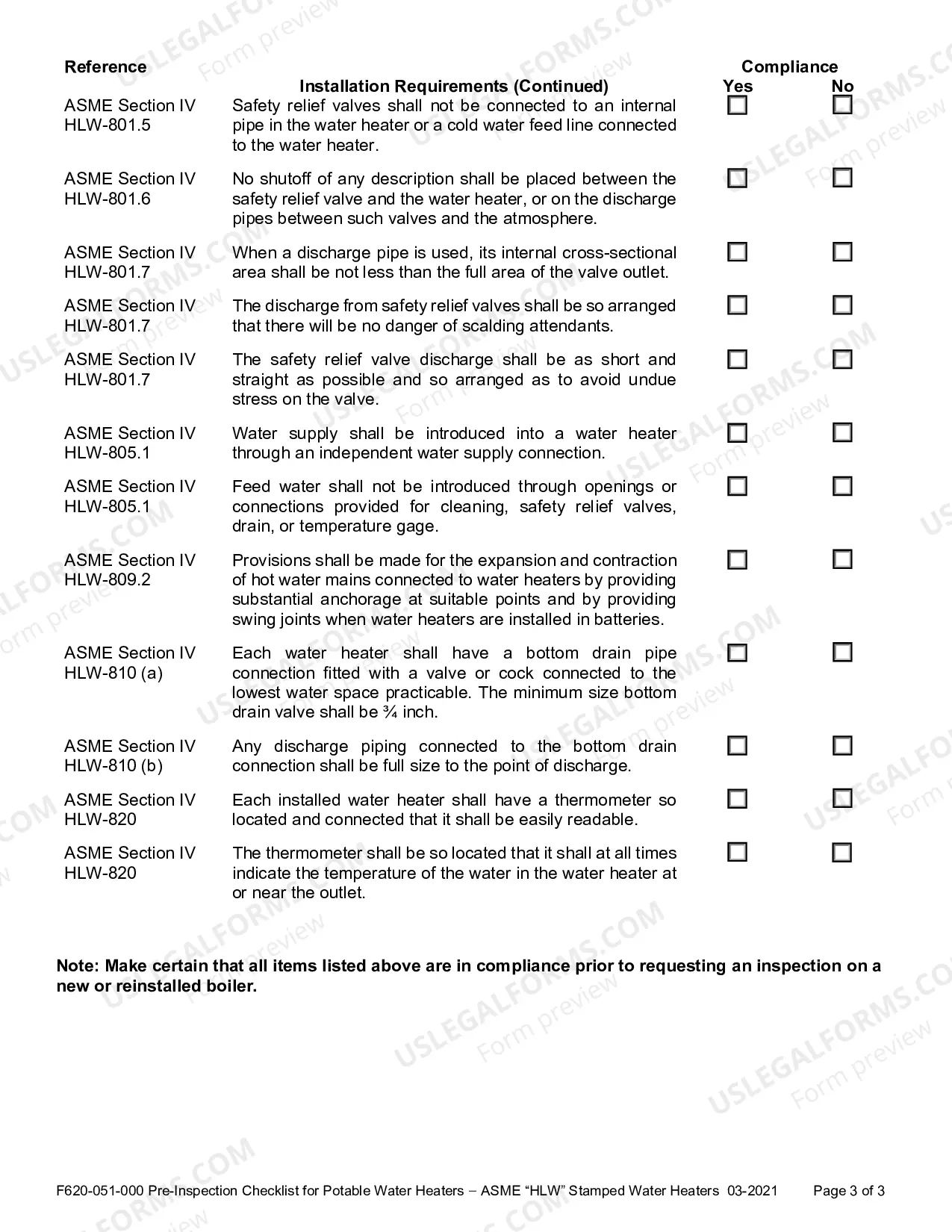 Preview Pre-Inspection Checklist for Potable Water Heaters - ASME "HLW" Stamped Water Heaters
