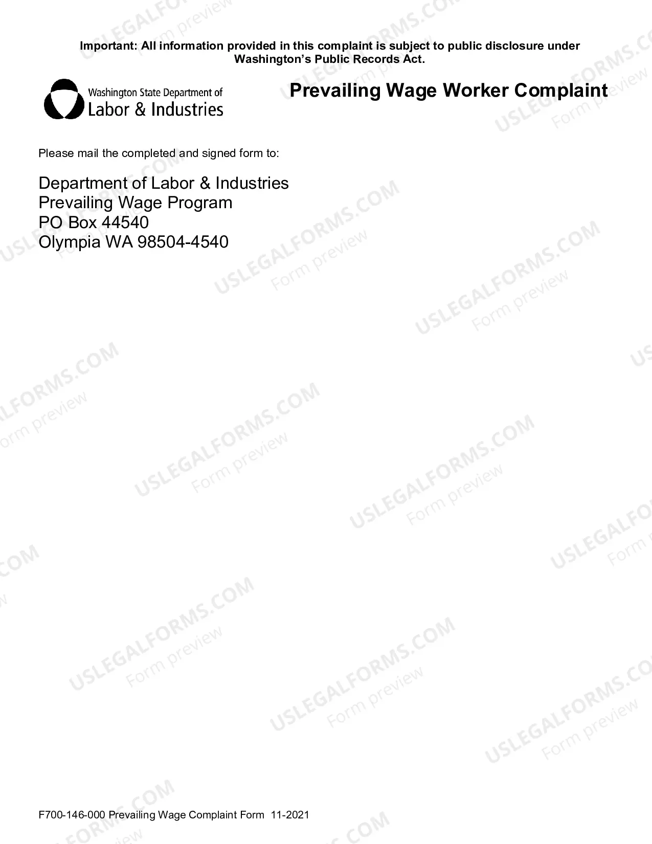 Preview Prevailing Wage Complaint and Instructions