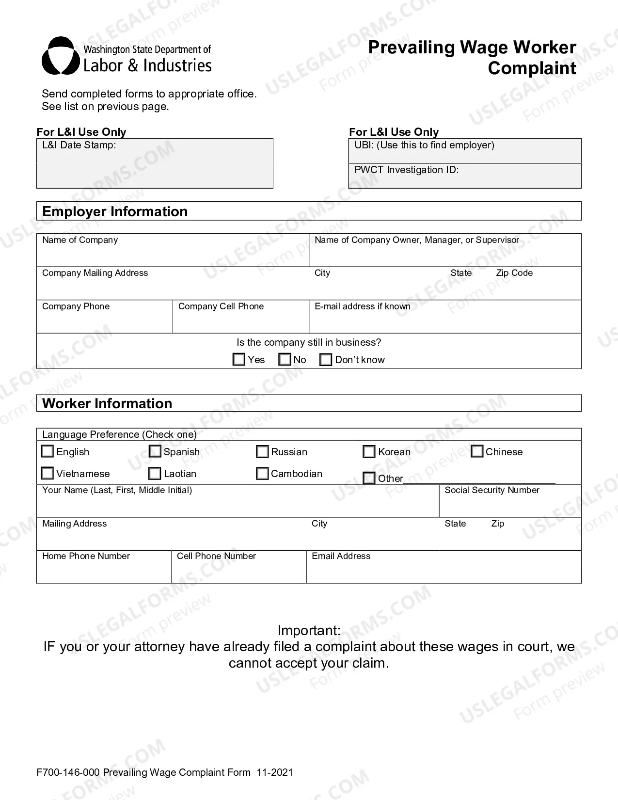 Preview Prevailing Wage Complaint and Instructions