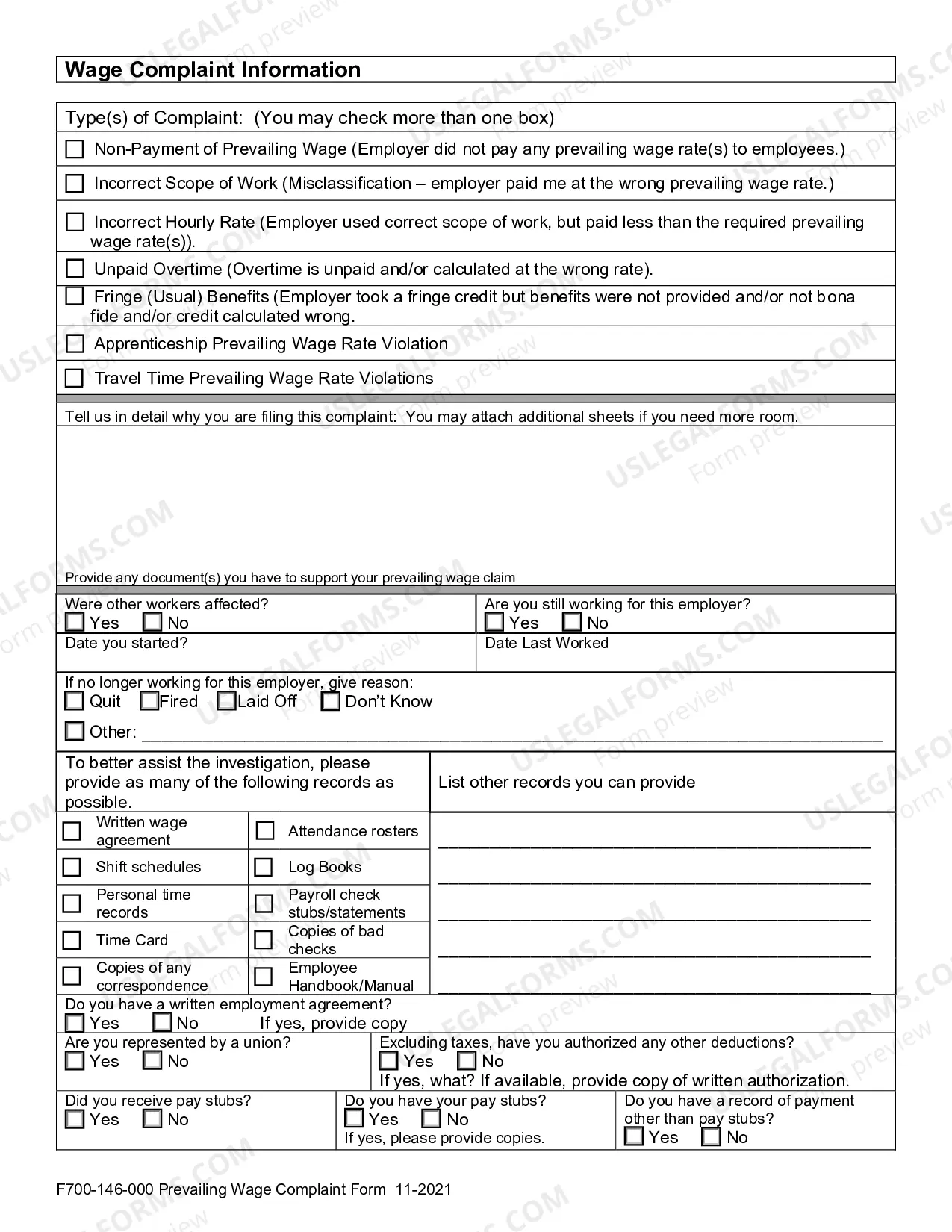 Preview Prevailing Wage Complaint and Instructions