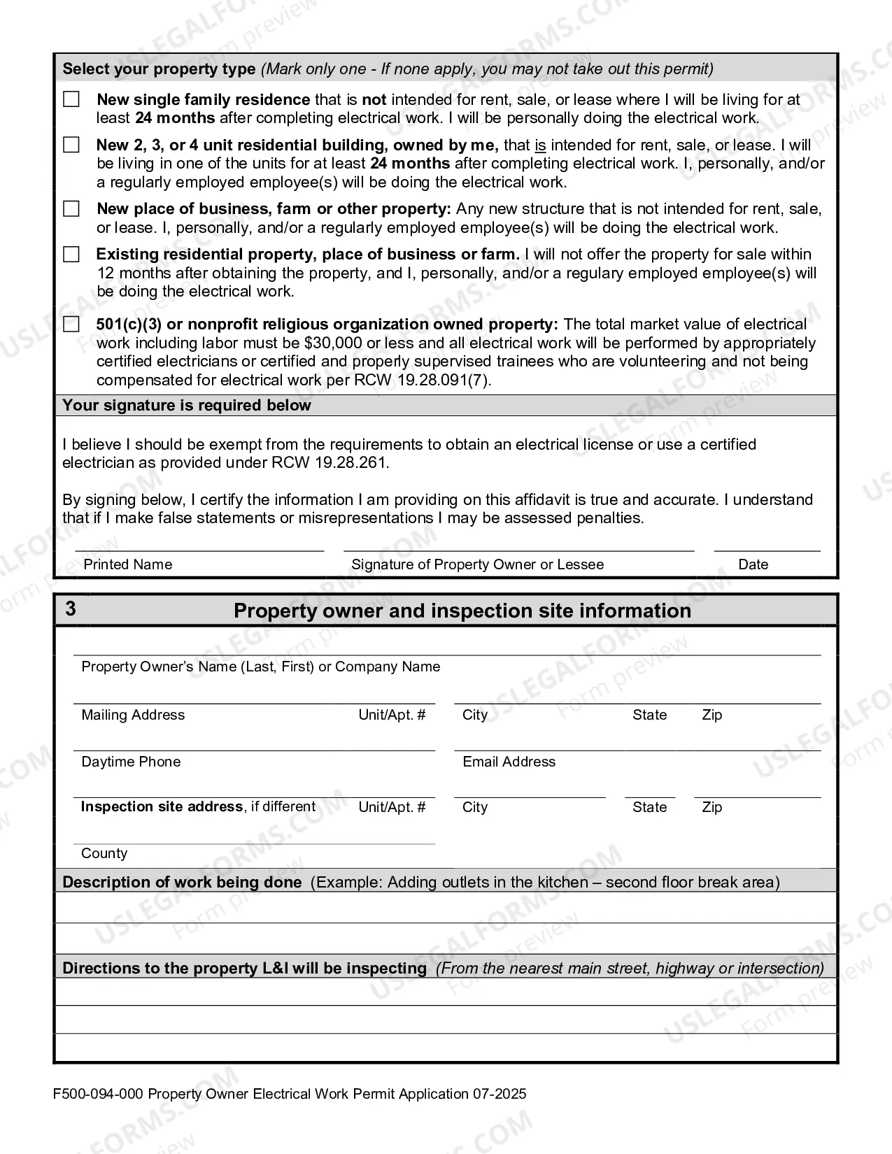 Preview Property Owner Electrical Work Permit Application