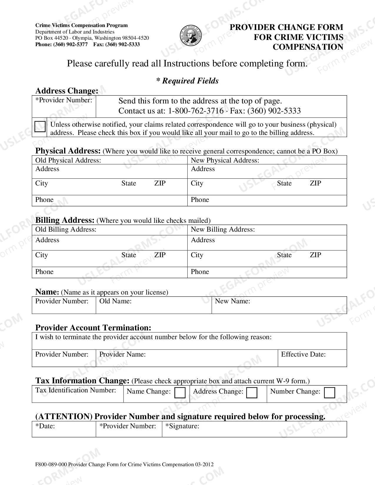 Preview Provider Change Form for Crime Victims Compensation