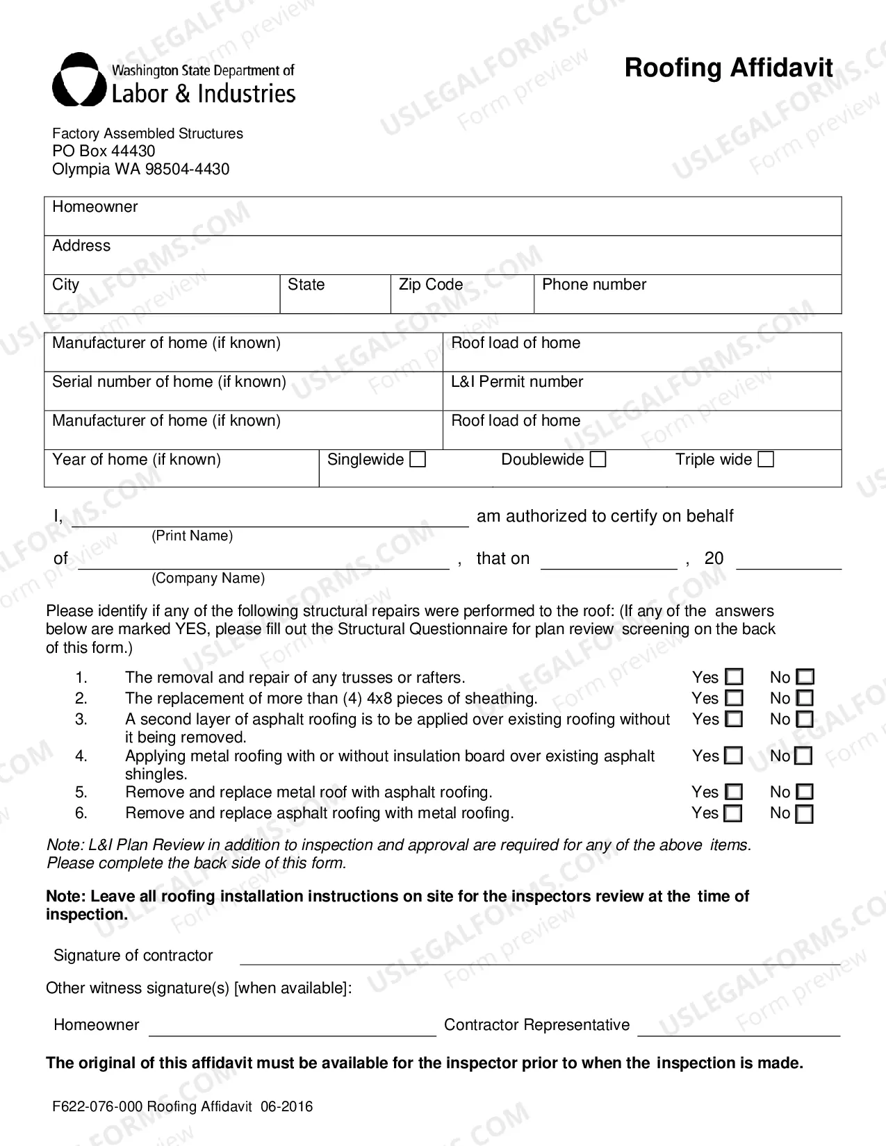 Preview Roof Affidavit and Structural Inspection Request
