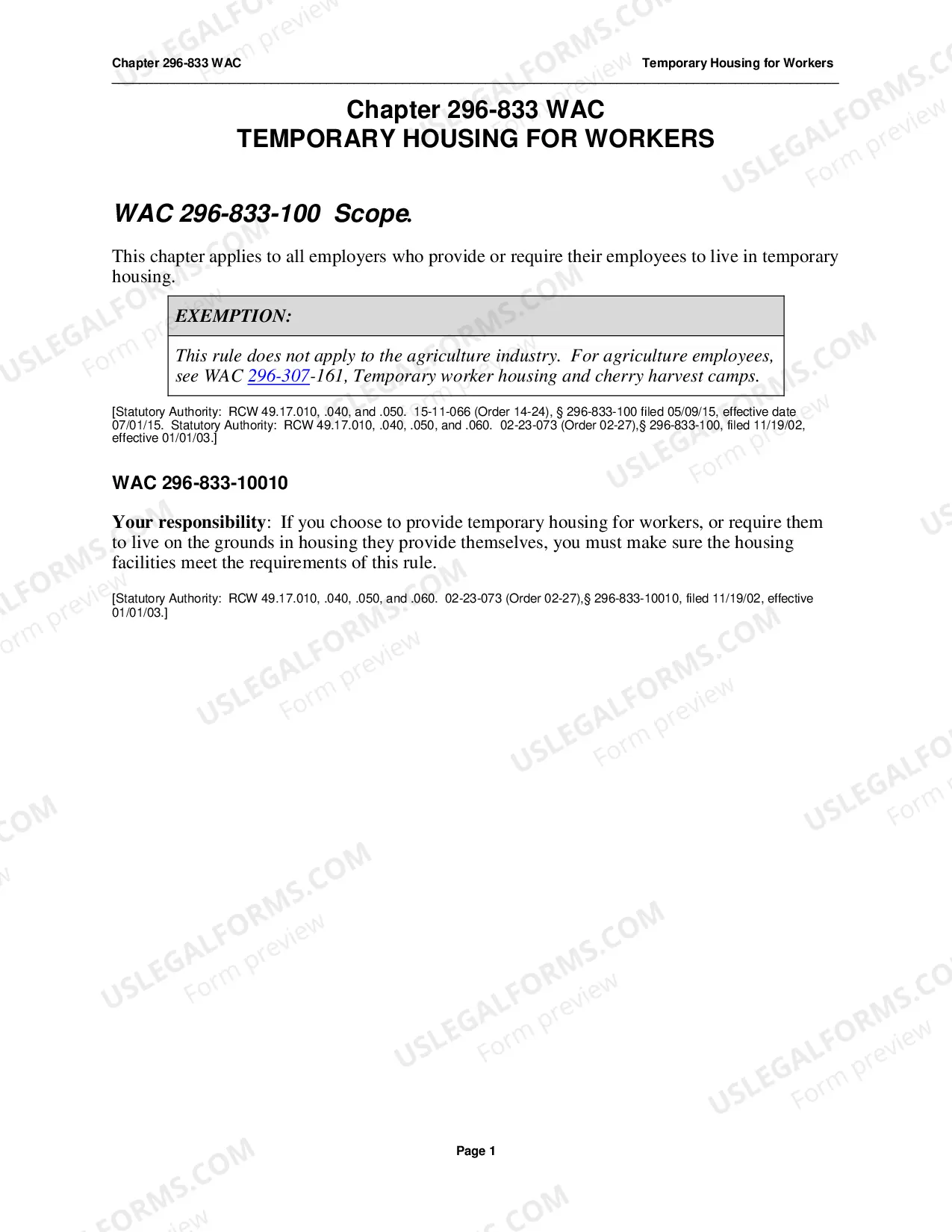 Preview Safety Standards - WAC 296-833 - Temporary Housing for Workers
