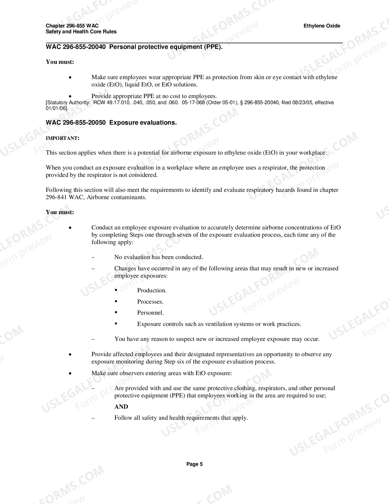 Preview Safety Standards for Ethylene Oxide WAC 296-855