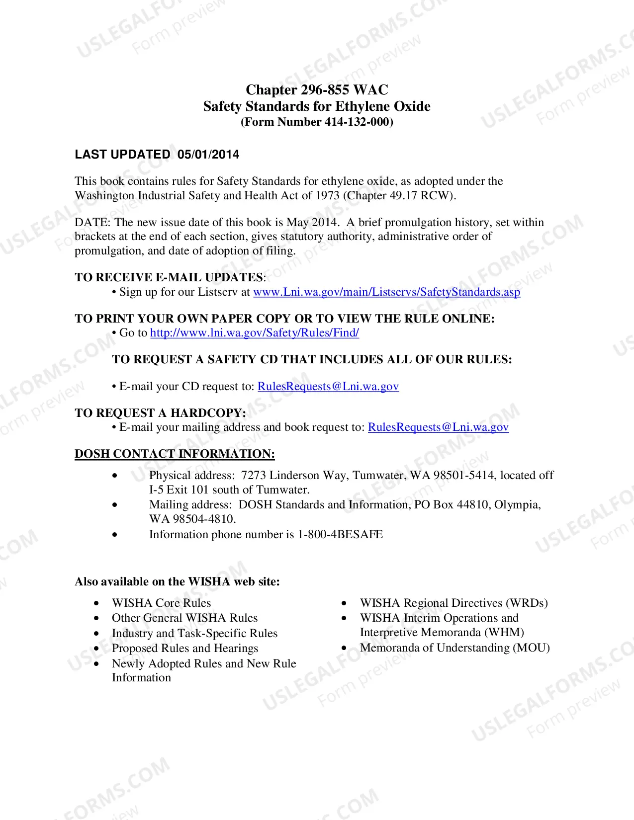 Preview Safety Standards for Ethylene Oxide WAC 296-855
