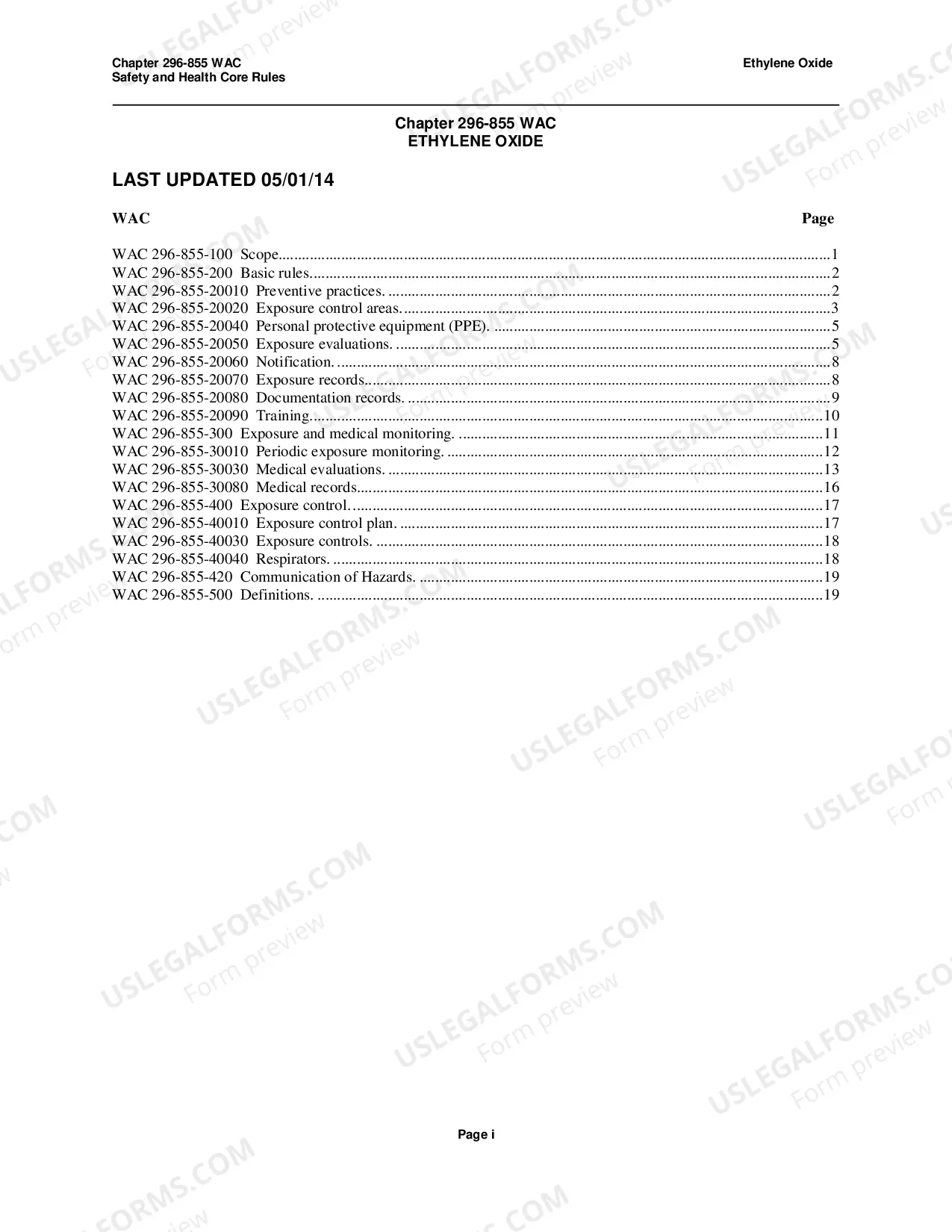 Preview Safety Standards for Ethylene Oxide WAC 296-855