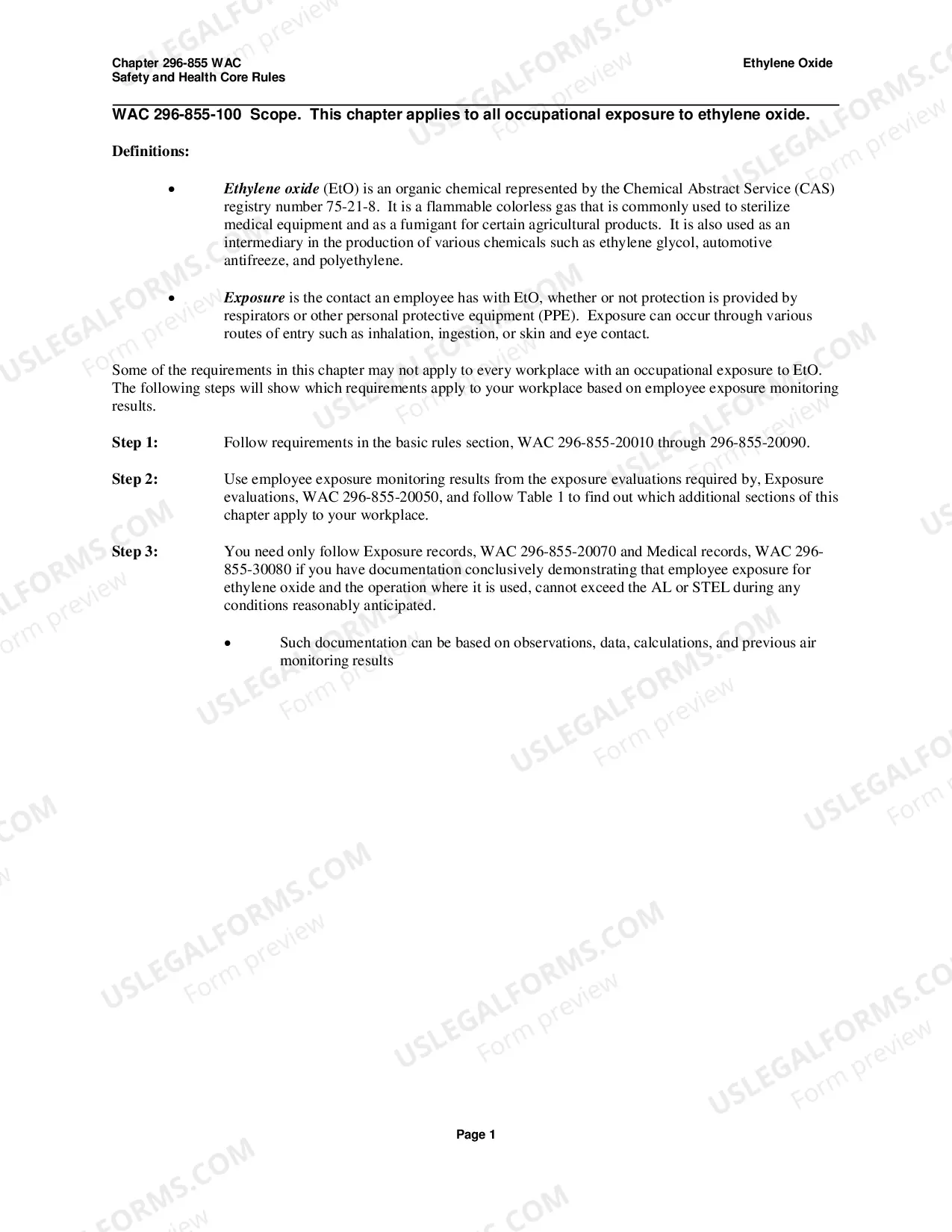 Preview Safety Standards for Ethylene Oxide WAC 296-855