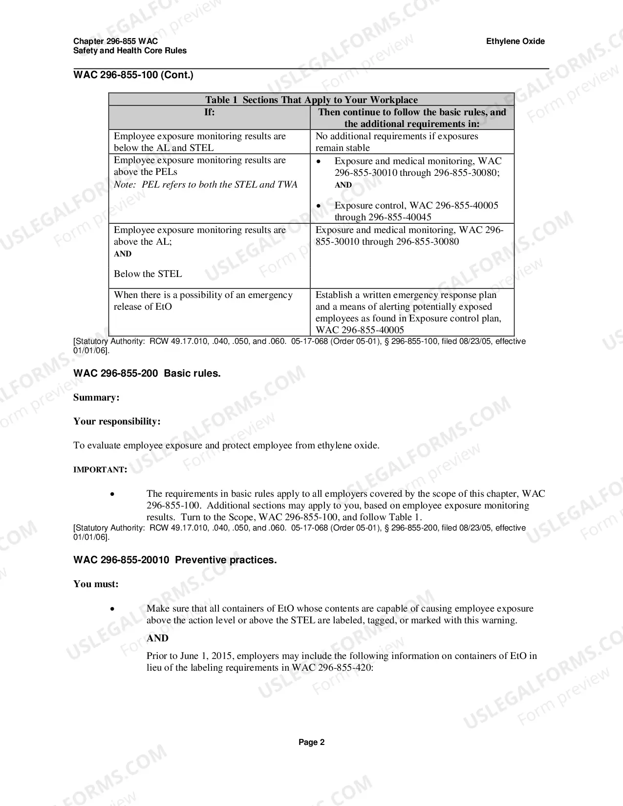 Preview Safety Standards for Ethylene Oxide WAC 296-855