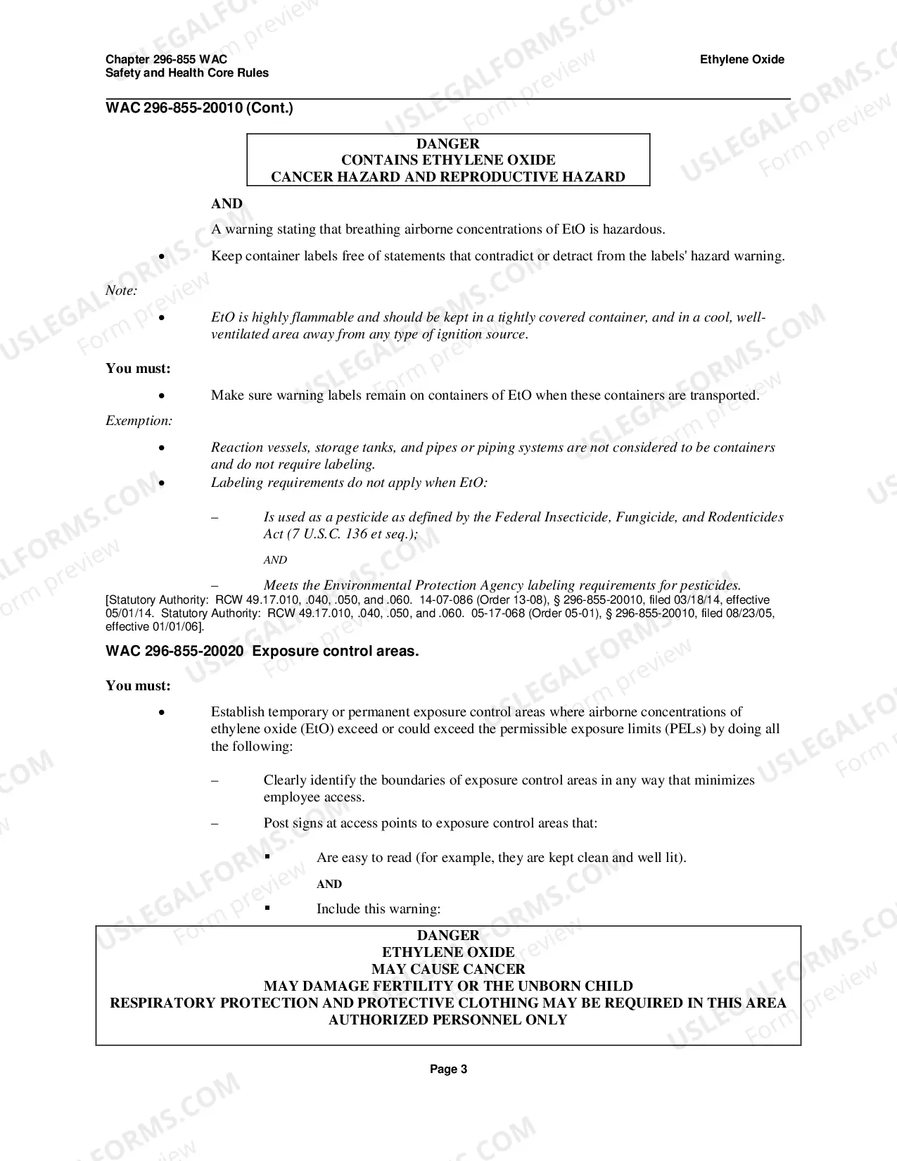 Preview Safety Standards for Ethylene Oxide WAC 296-855