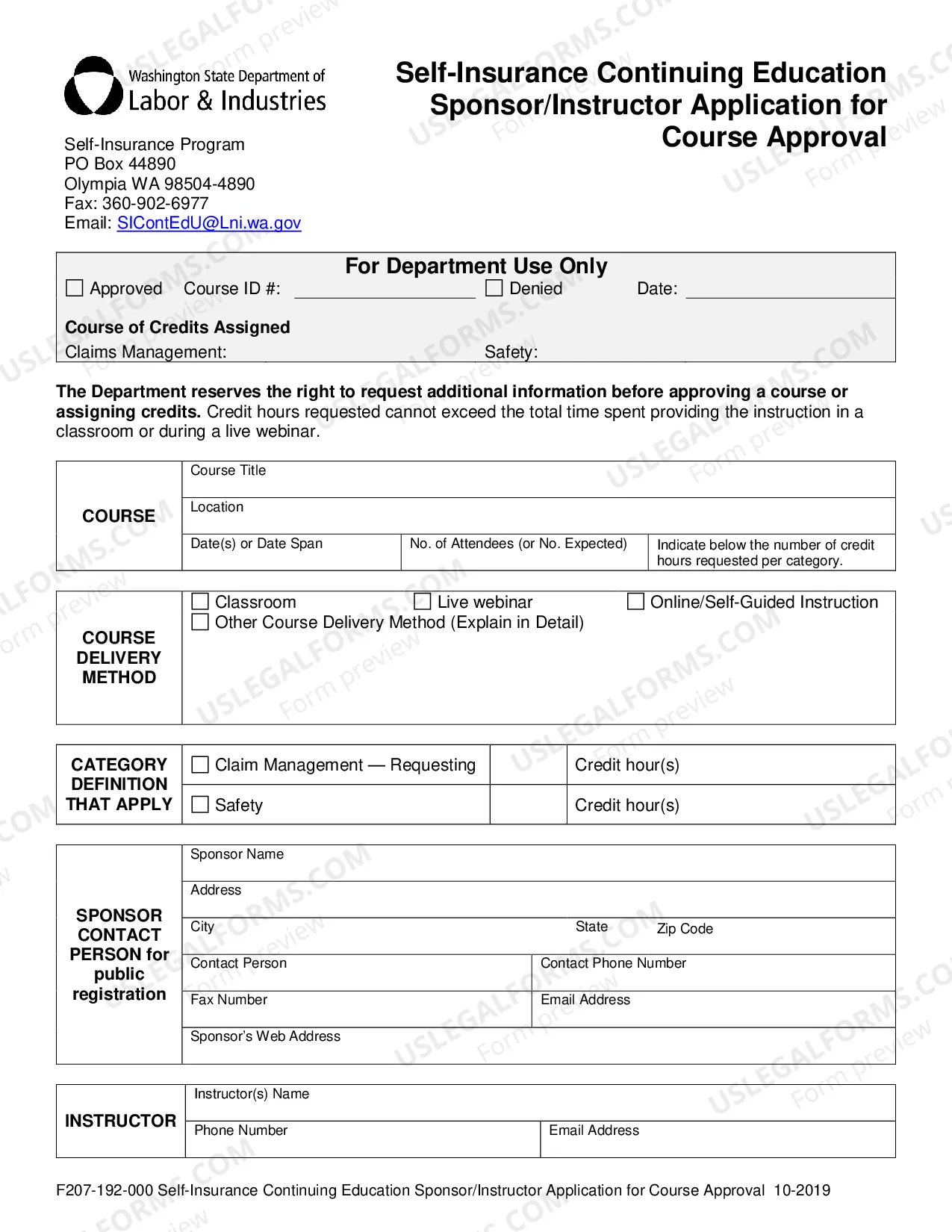 Preview Self Insurance Continuing Education Sponsor/Instructor Application for Course Approval