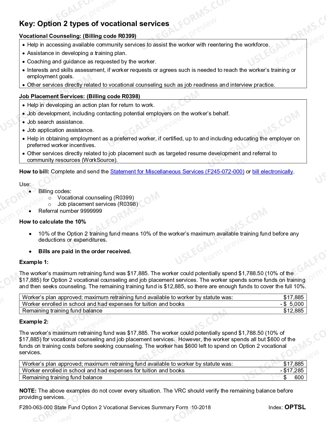 Preview State Fund Option 2 Vocational Services Summary Form