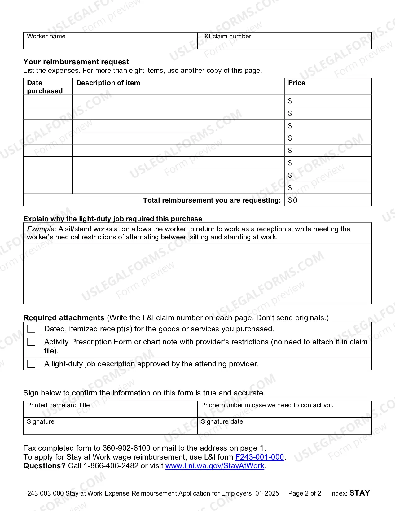 Preview Stay at Work Expense Reimbursement Application for Employers Tools, Clothing, Training.