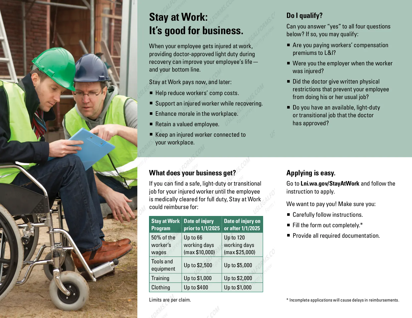 Preview Stay at Work: A new program to help employers keep injured workers on the job--pays half the wage plus expenses