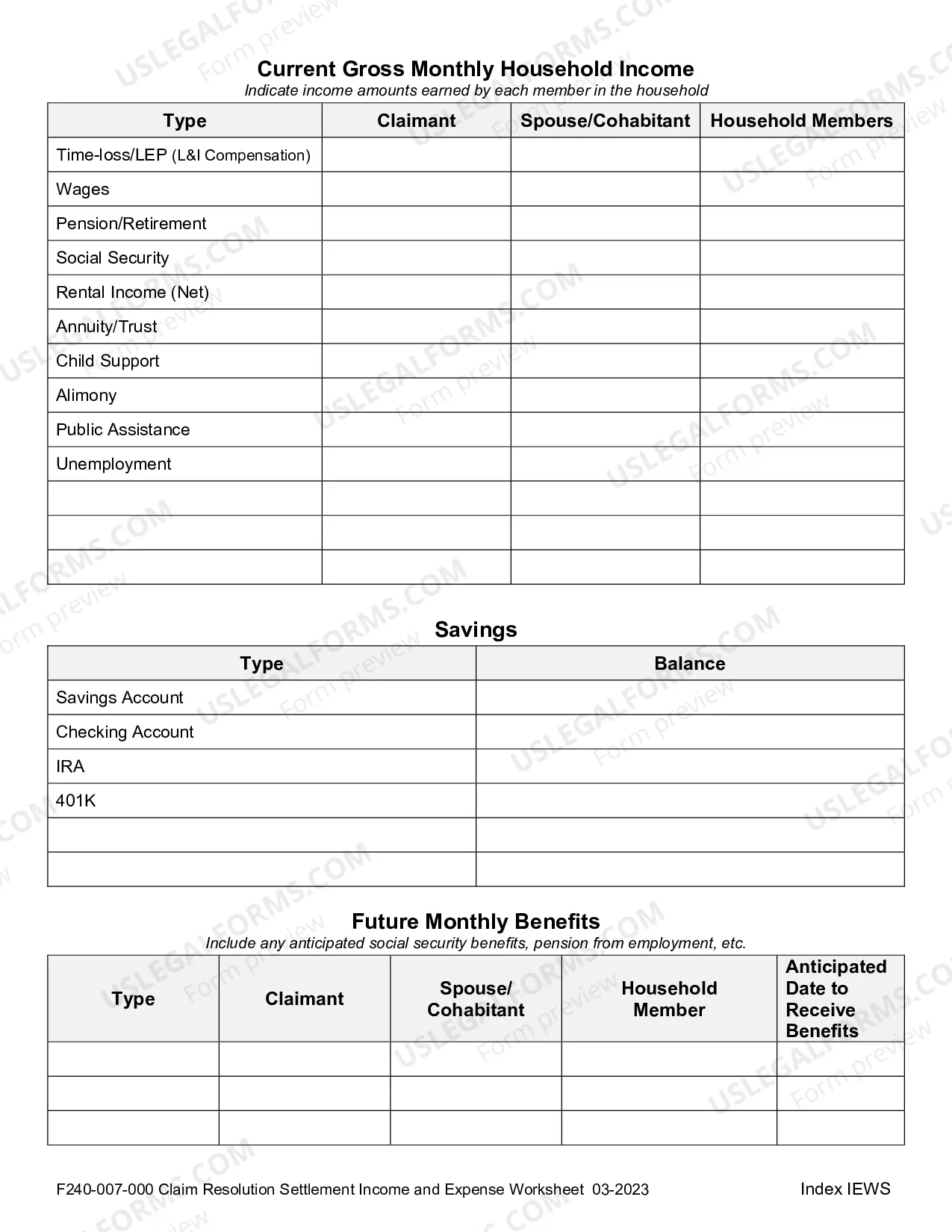 Preview Structured Settlement Income and Expense Worksheet